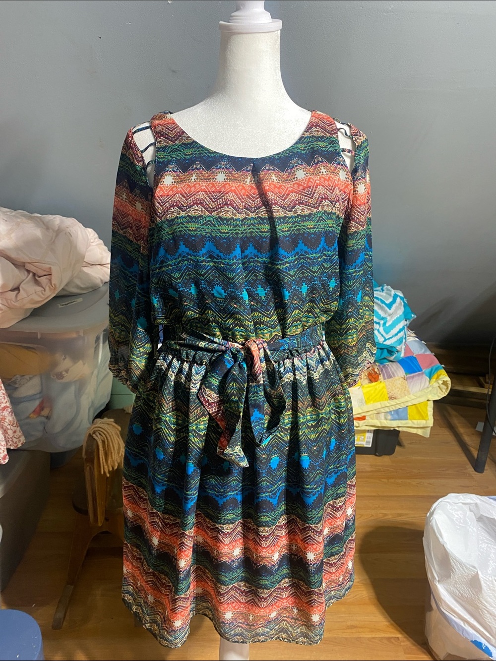Multicolor Half Sleeve Belted Women's Dress